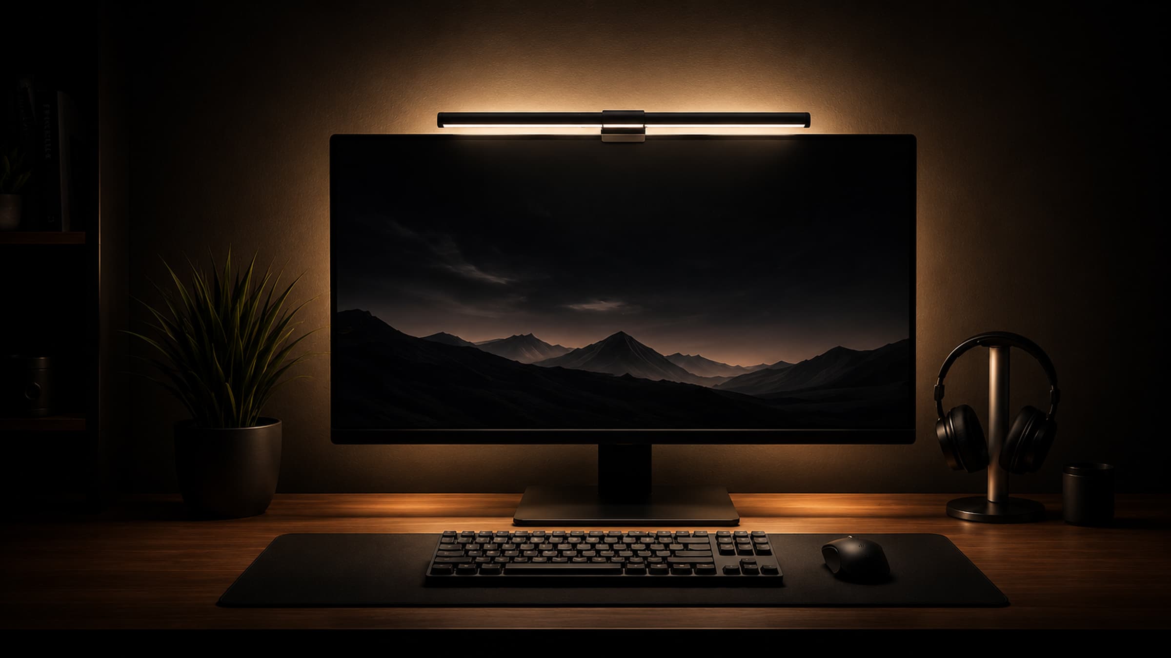 DeskGlow monitor light bar mounted above a monitor, casting warm glare-free light across a dark premium desk setup