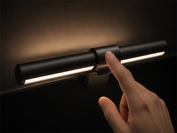 Close-up of a hand using the DeskGlow light bar's touch dimming controls