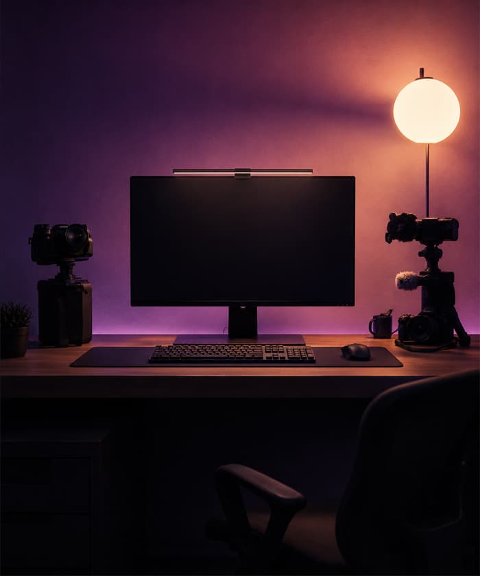 Creator desk setup lit by a DeskGlow monitor light bar