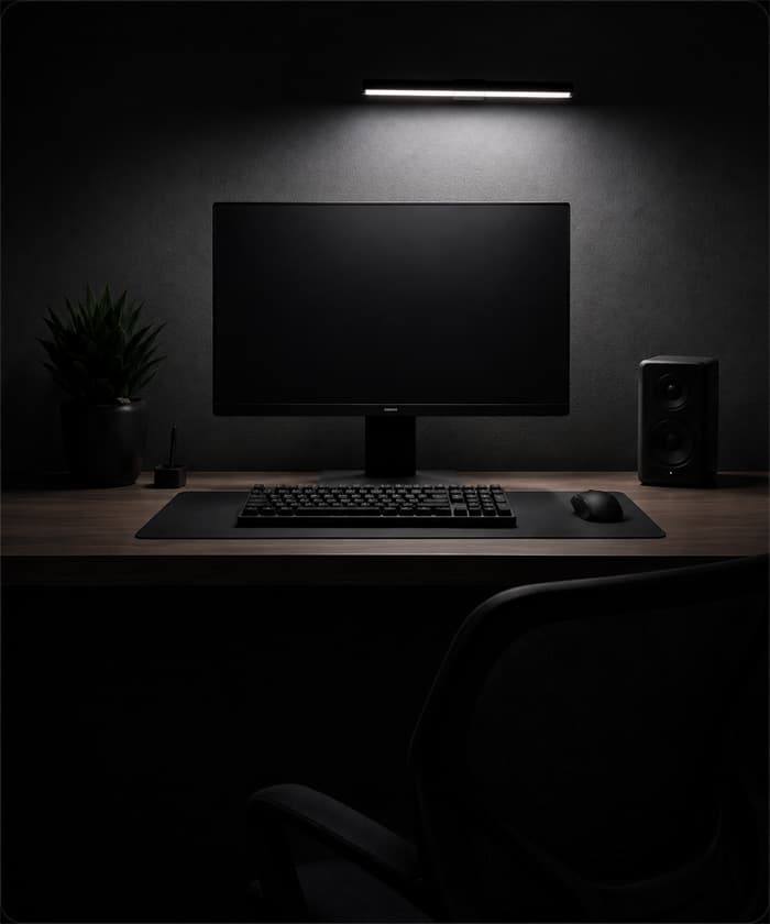 Focus desk setup lit by a DeskGlow monitor light bar