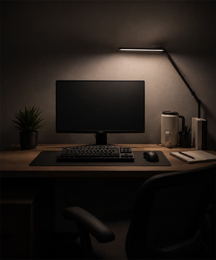 Student desk setup lit by a DeskGlow monitor light bar